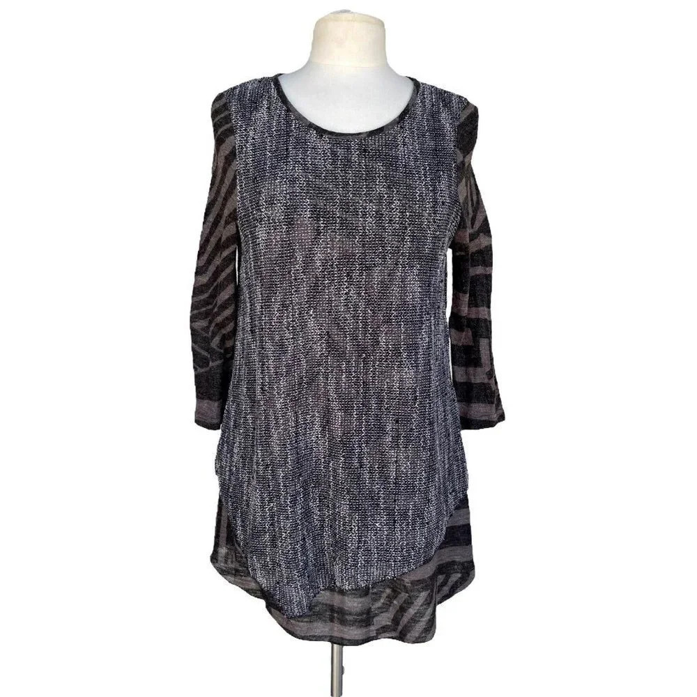 FERATELLI Women’s Size M Black Taupe Crochet Overlay Tunic Blouse